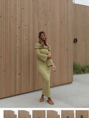 Worth Collective Off-Shoulder Olive Green Maxi Dress - Elegant Knit Style NWT